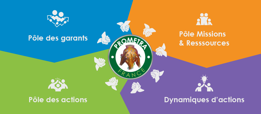 Organigramme dynamique de Prometra France : Pôle des garants, Pôle Missions & Resssources, Pôle des actions, Dynamiques d’actions